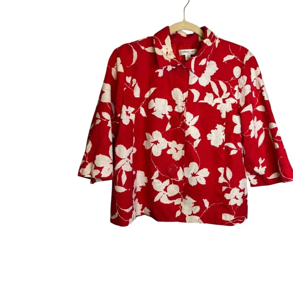 Coldwater Creek Jacket Women's‎ 12 Floral Spring Cotton Red White